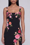 Square Neck Sheath Black Floral Maxi Beach Wedding Guest Dress with Slit