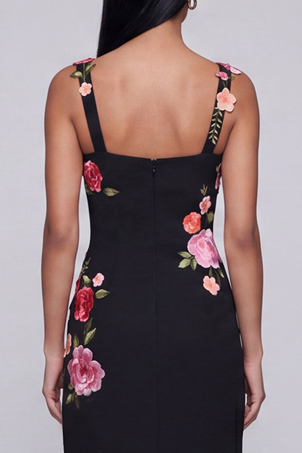 Square Neck Sheath Black Floral Maxi Beach Wedding Guest Dress with Slit