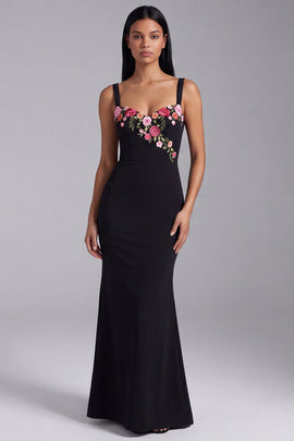 Mermaid Black Floral Thick Straps Maxi Beach Wedding Guest Dress