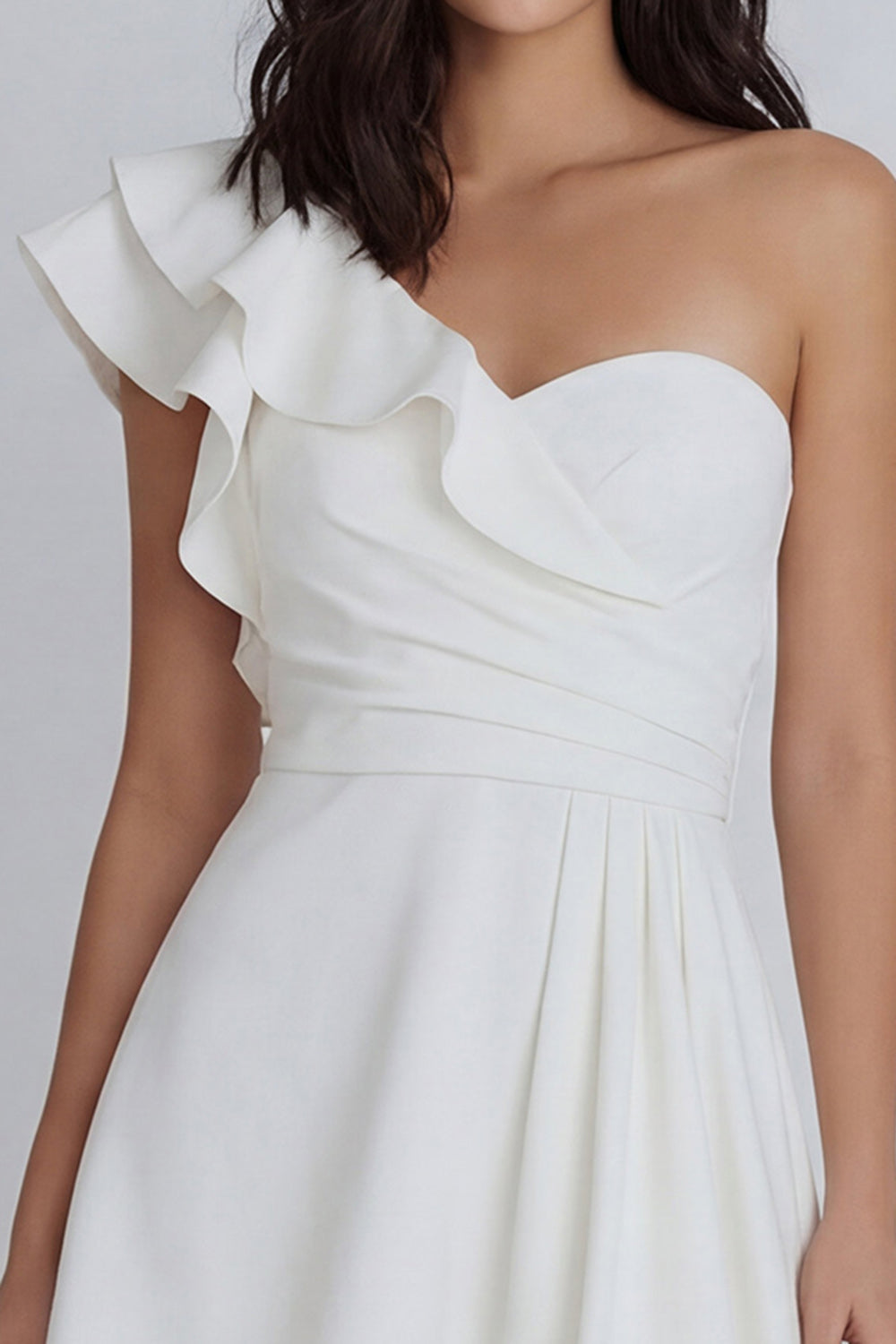 Ruched A Line One Shoulder Ivory Short Graduation Dress with Ruffles