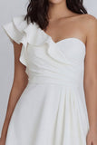Ruched A Line One Shoulder Ivory Short Graduation Dress with Ruffles