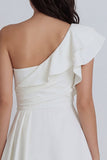 Ruched A Line One Shoulder Ivory Short Graduation Dress with Ruffles