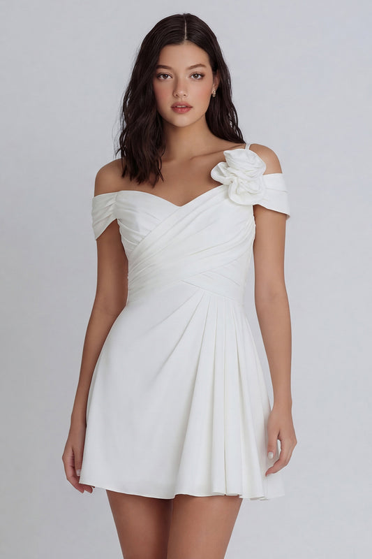 Off the Shoulder Ruched A Line Ivory Short Graduation Dress with 3D Flower