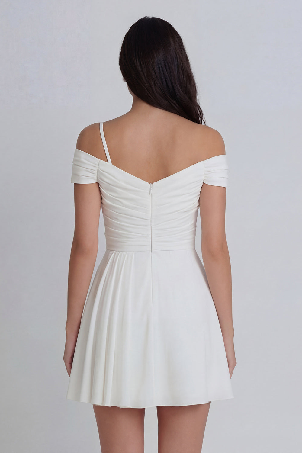Off the Shoulder Ruched A Line Ivory Short Graduation Dress with 3D Flower