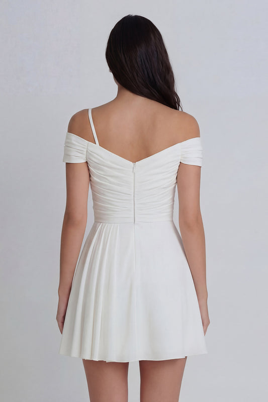 Off the Shoulder Ruched A Line Ivory Short Graduation Dress with 3D Flower