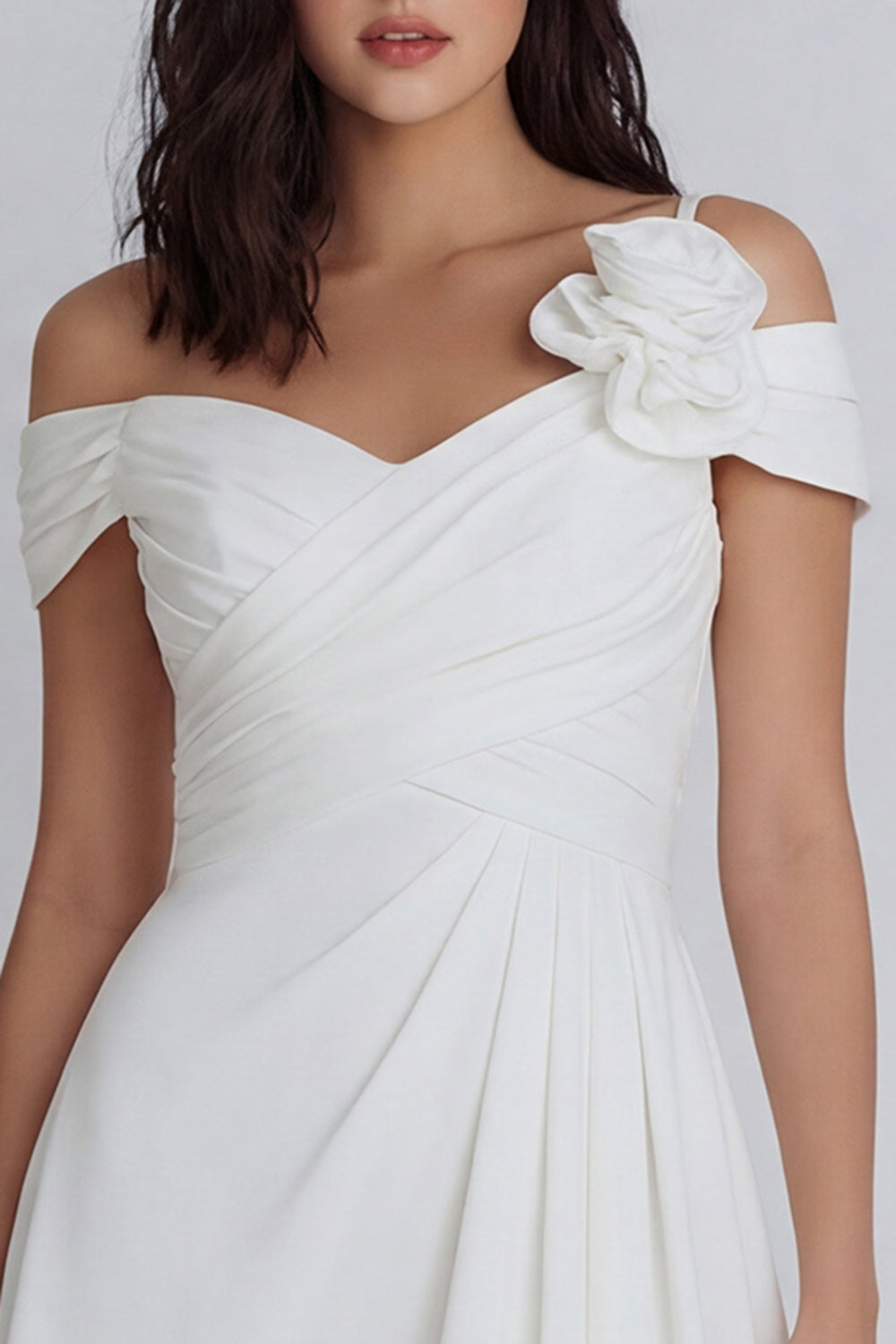 Off the Shoulder Ruched A Line Ivory Short Graduation Dress with 3D Flower