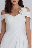 Off the Shoulder Ruched A Line Ivory Short Graduation Dress with 3D Flower