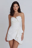 A Line Strapless Ruched Ivory Short Ruffled Graduation Dress