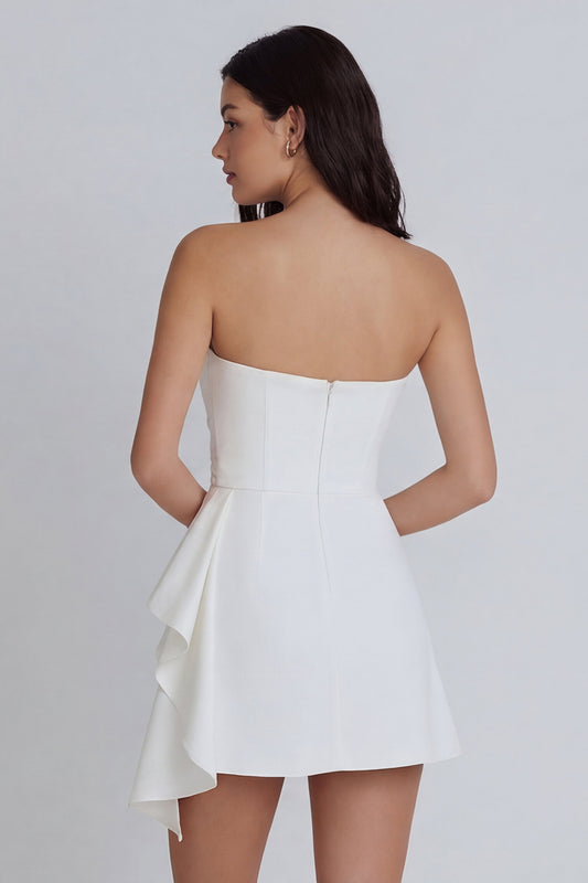 A Line Strapless Ruched Ivory Short Ruffled Graduation Dress