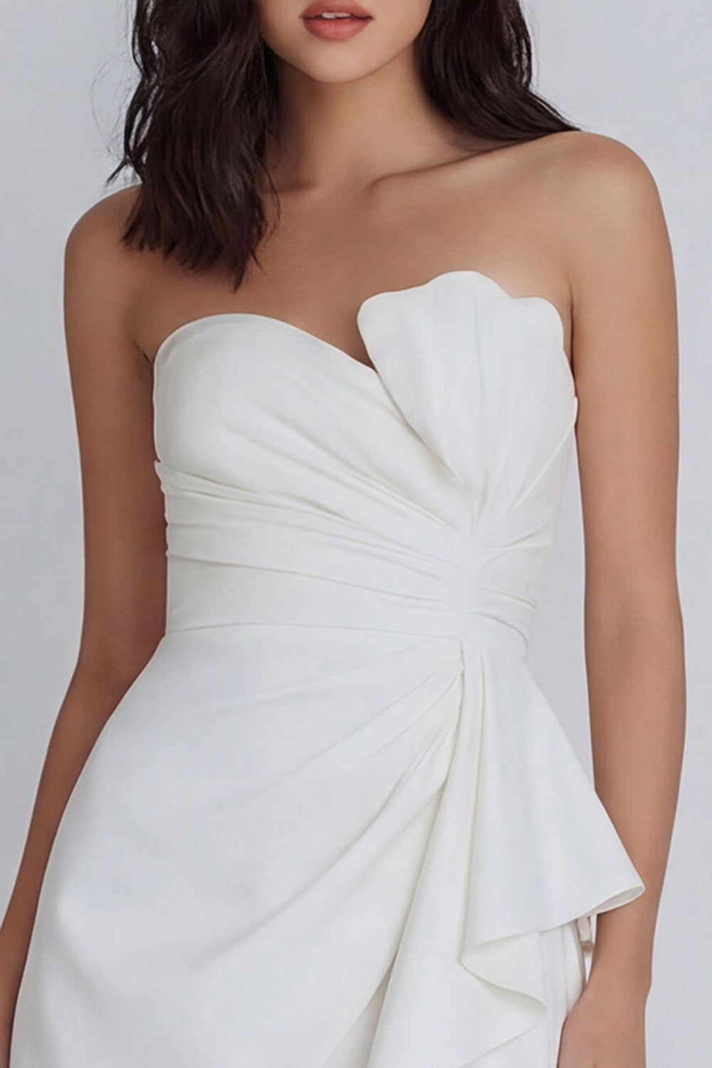 A Line Strapless Ruched Ivory Short Ruffled Graduation Dress