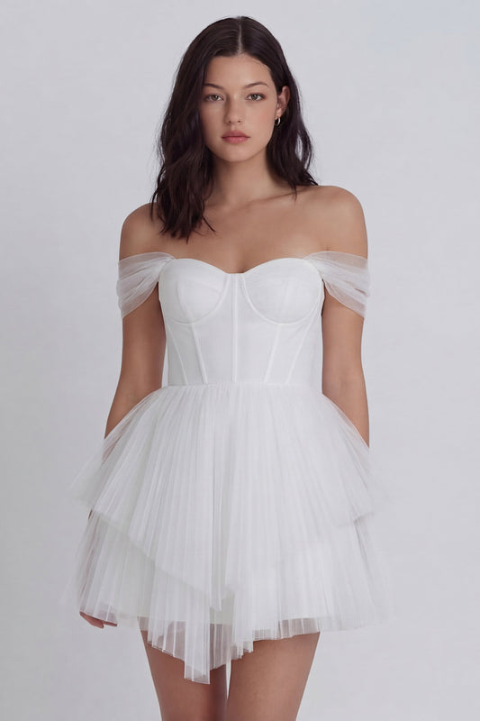 Corset Off the Shoulder A Line Ivory Short Graduation Dress with Ruffles