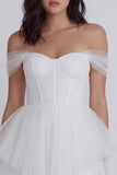 Corset Off the Shoulder A Line Ivory Short Graduation Dress with Ruffles