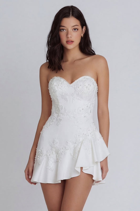 Ruffled A Line Strapless Ivory Short Floral Graduation Dress with Pearls