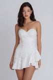 Ruffled A Line Strapless Ivory Short Floral Graduation Dress with Pearls