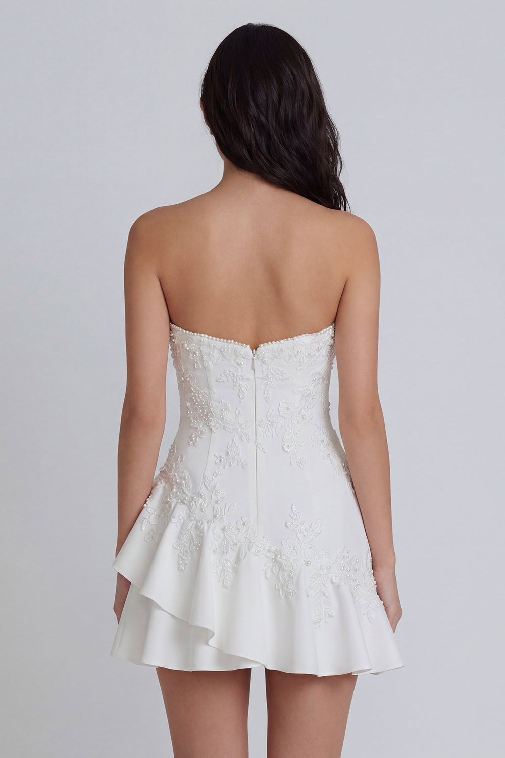 Ruffled A Line Strapless Ivory Short Floral Graduation Dress with Pearls