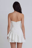 Ruffled A Line Strapless Ivory Short Floral Graduation Dress with Pearls