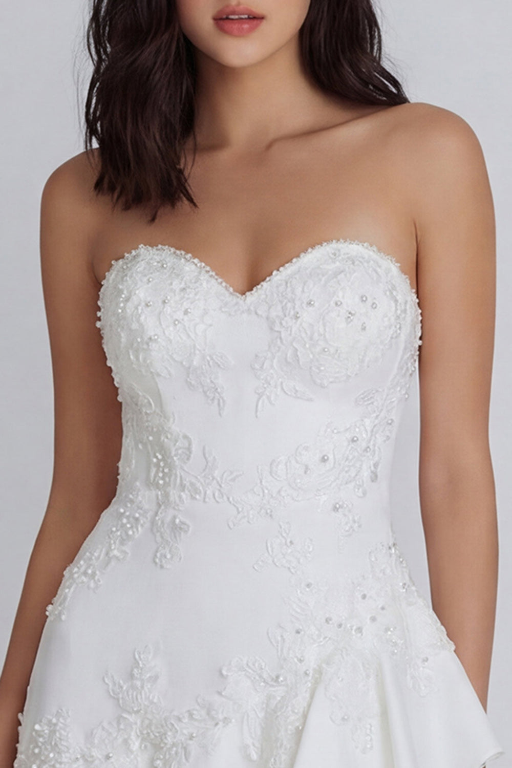 Ruffled A Line Strapless Ivory Short Floral Graduation Dress with Pearls