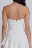 Ruffled A Line Strapless Ivory Short Floral Graduation Dress with Pearls