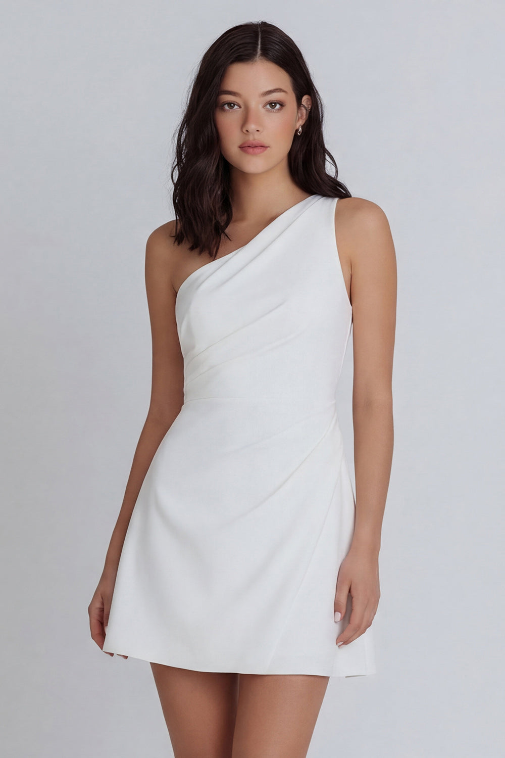 One Shoulder Ivory Ruched A Line Short Graduation Dress