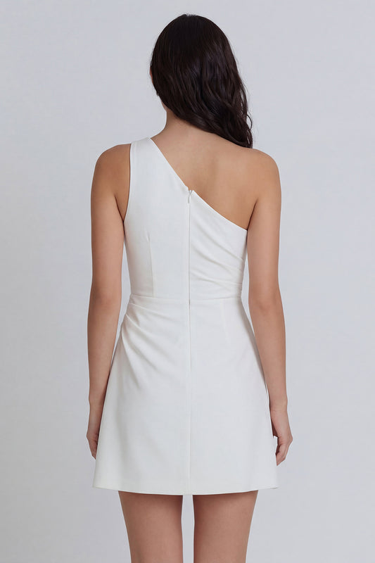 One Shoulder Ivory Ruched A Line Short Graduation Dress