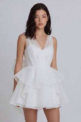 V-Neck A Line Ivory Short Ruffled Graduation Dress with Bow
