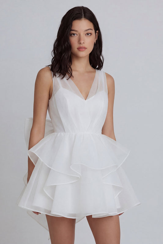 V-Neck A Line Ivory Short Ruffled Graduation Dress with Bow