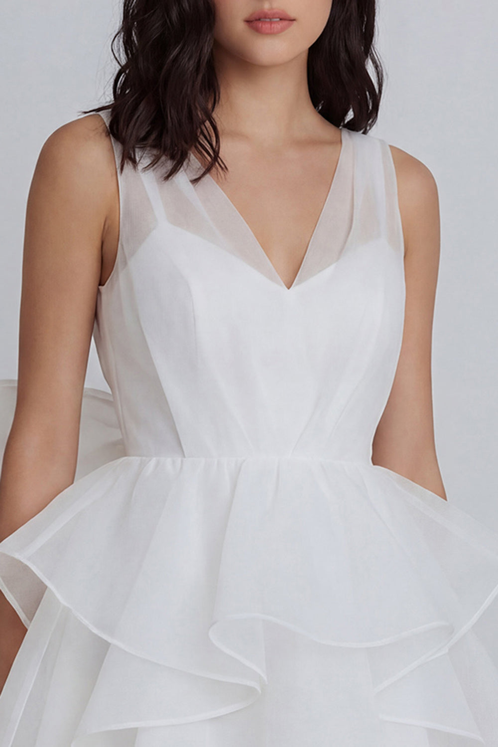 V-Neck A Line Ivory Short Ruffled Graduation Dress with Bow