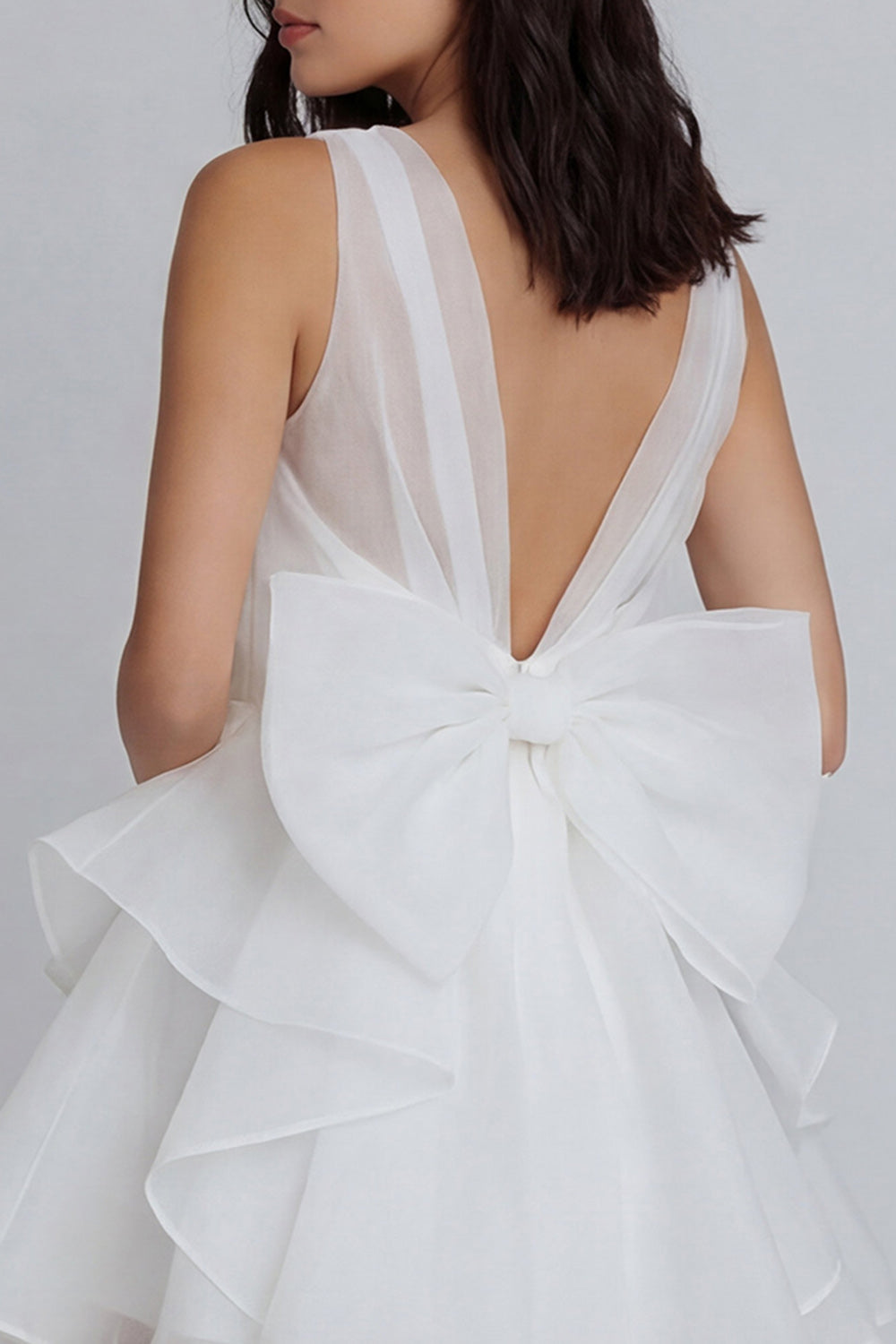 V-Neck A Line Ivory Short Ruffled Graduation Dress with Bow