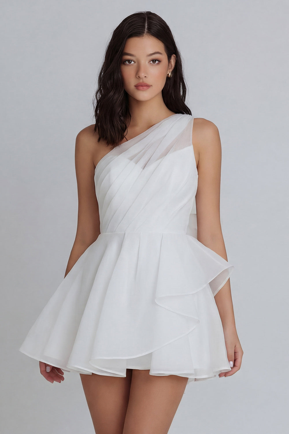 One Shoulder A Line Ivory Short Ruched Graduation Dress with Ruffles