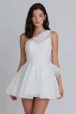 One Shoulder A Line Ivory Short Ruched Graduation Dress with Ruffles