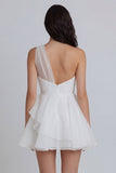 One Shoulder A Line Ivory Short Ruched Graduation Dress with Ruffles