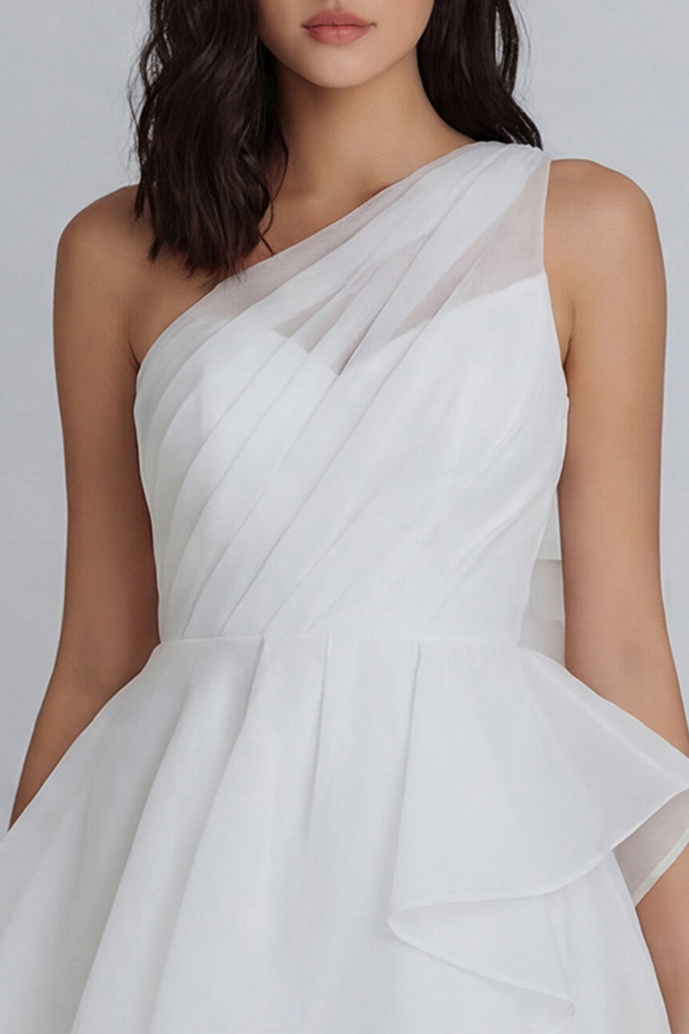 One Shoulder A Line Ivory Short Ruched Graduation Dress with Ruffles
