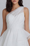 One Shoulder A Line Ivory Short Ruched Graduation Dress with Ruffles