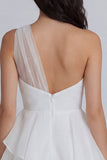 One Shoulder A Line Ivory Short Ruched Graduation Dress with Ruffles