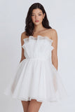 A Line Strapless Ivory Short Ruffled Graduation Dress with Bow