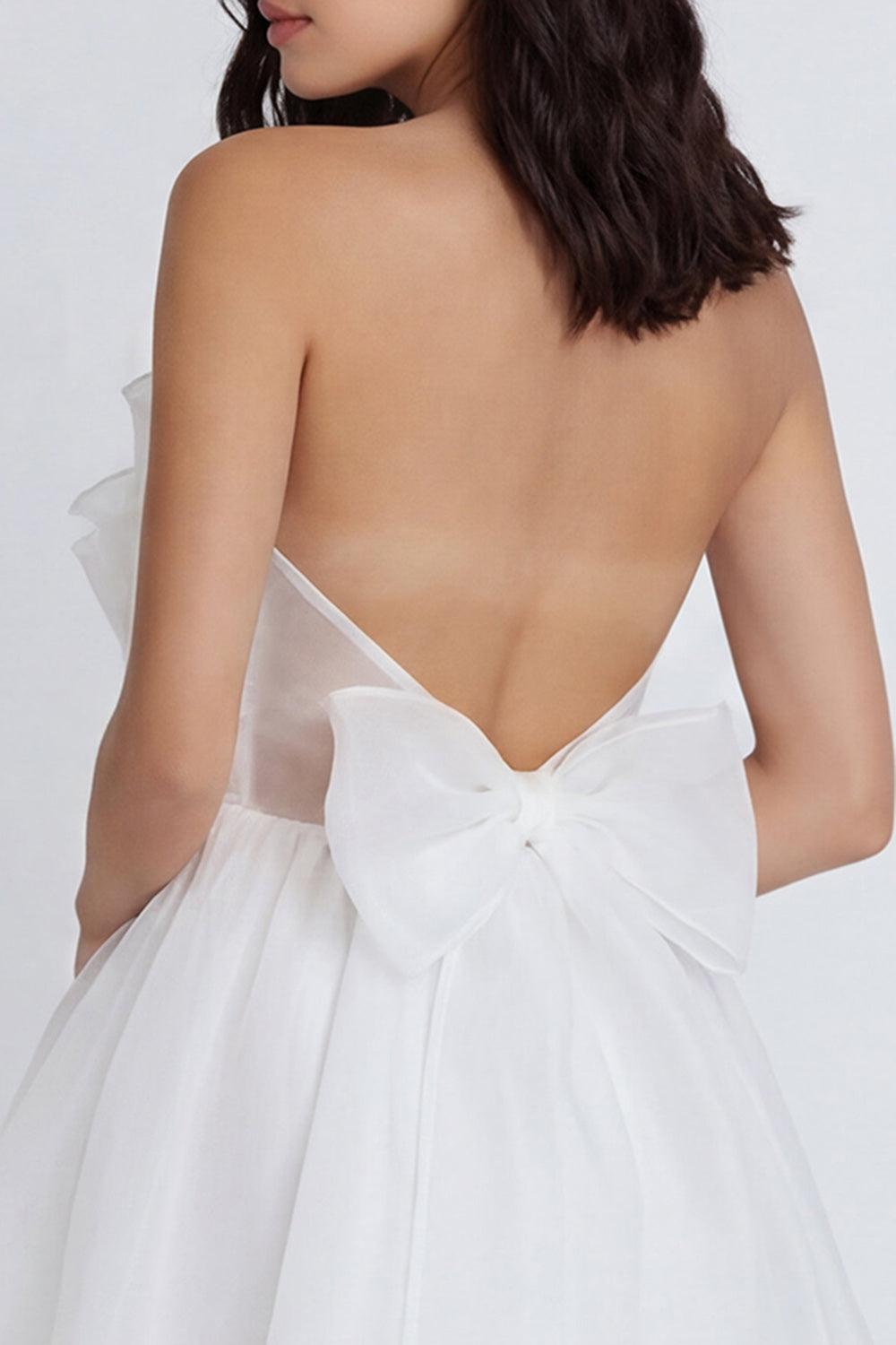 A Line Strapless Ivory Short Ruffled Graduation Dress with Bow