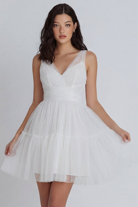 Ruched V-Neck A Line Ivory Short Graduation Dress with Ruffles