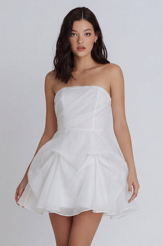 Corset A Line Ruffled Strapless Ivory Short Graduation Dress with Bow