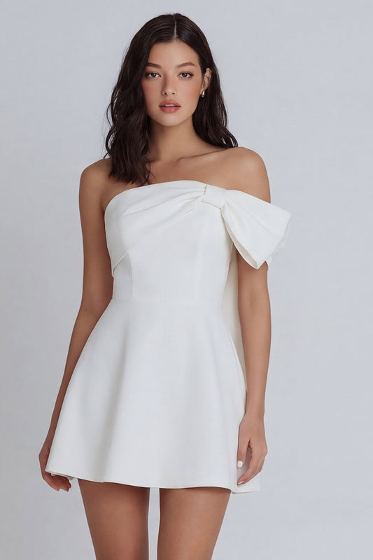 A Line Strapless Corset Ivory Short Graduation Dress with Bow