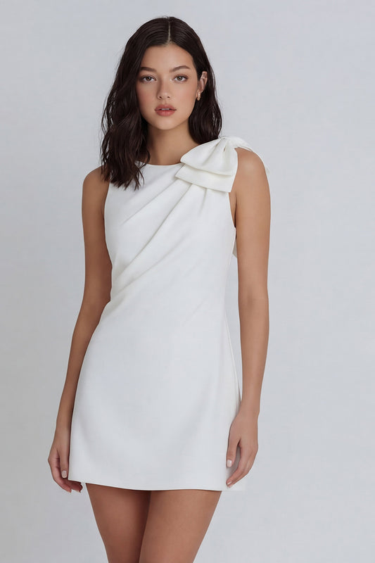 Boat Neck Ruched A Line Ivory Short Graduation Dress with Bow