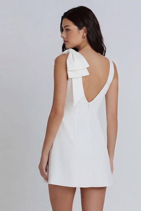 Boat Neck Ruched A Line Ivory Short Graduation Dress with Bow