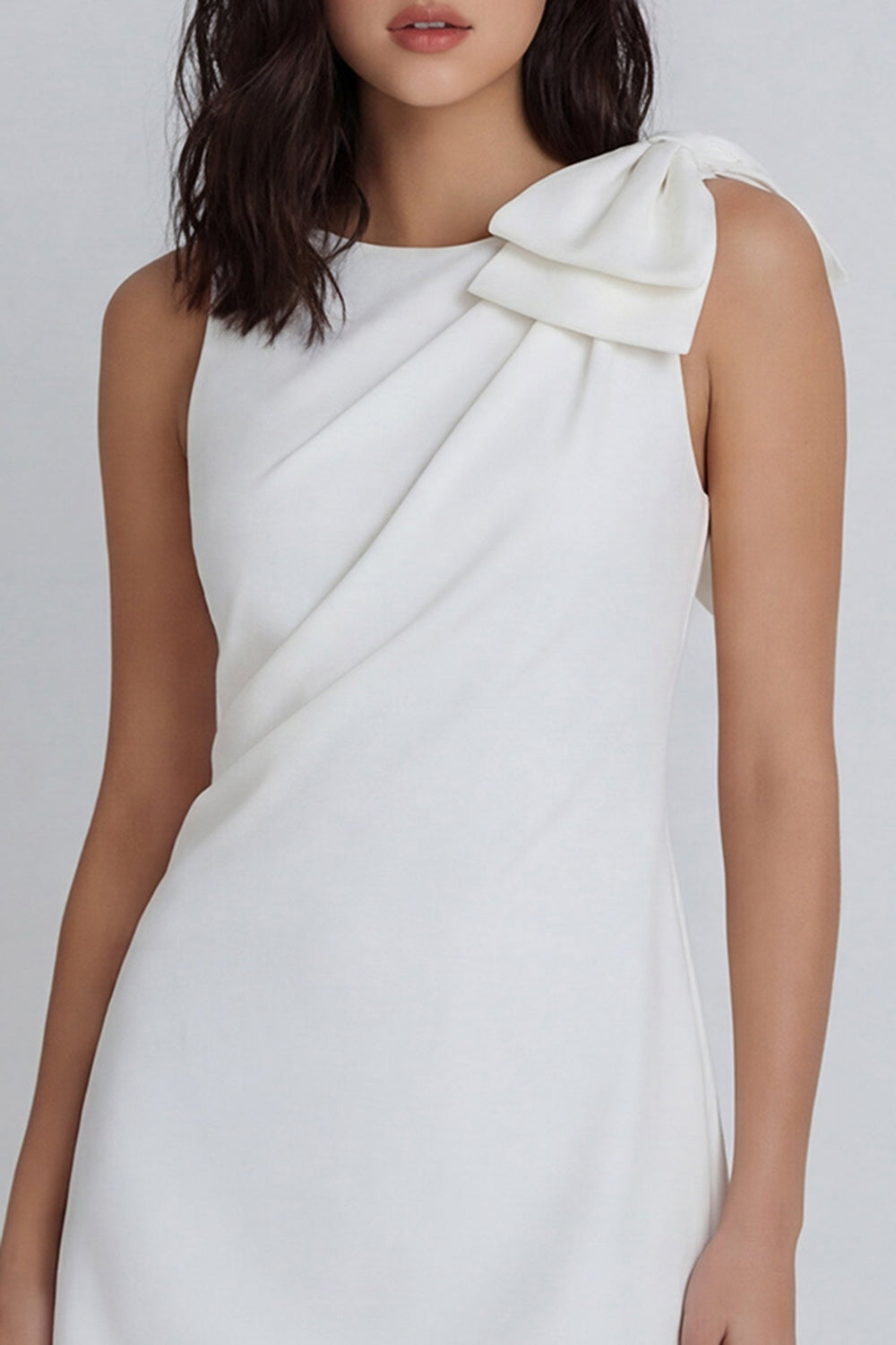 Boat Neck Ruched A Line Ivory Short Graduation Dress with Bow