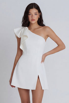 One Shoulder Ivory Ruffled A Line Short Graduation Dress with Slit