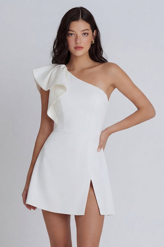 One Shoulder Ivory Ruffled A Line Short Graduation Dress with Slit