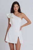 One Shoulder Ivory Ruffled A Line Short Graduation Dress with Slit