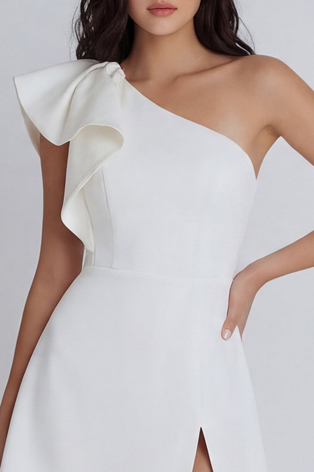 One Shoulder Ivory Ruffled A Line Short Graduation Dress with Slit