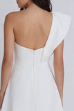 One Shoulder Ivory Ruffled A Line Short Graduation Dress with Slit