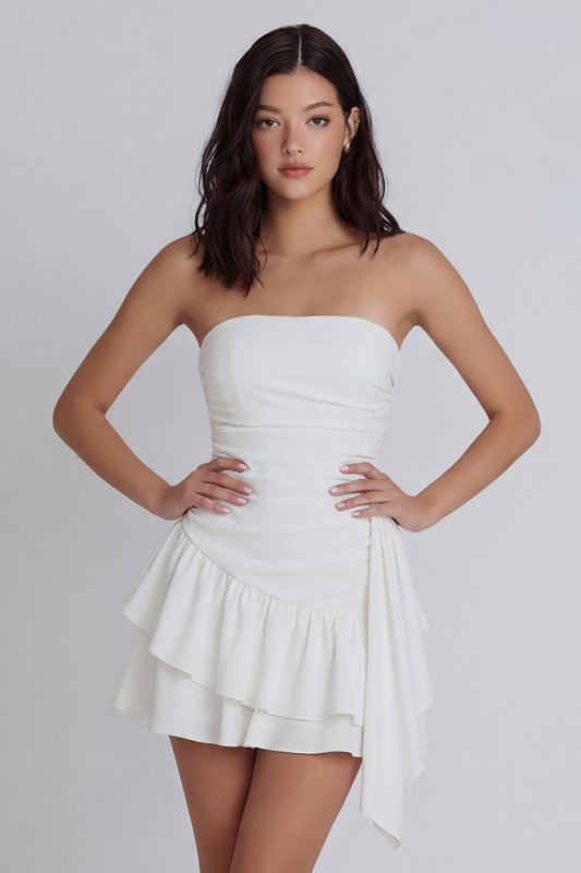 Ruched Strapless Ivory Ruffled A Line Short Graduation Dress