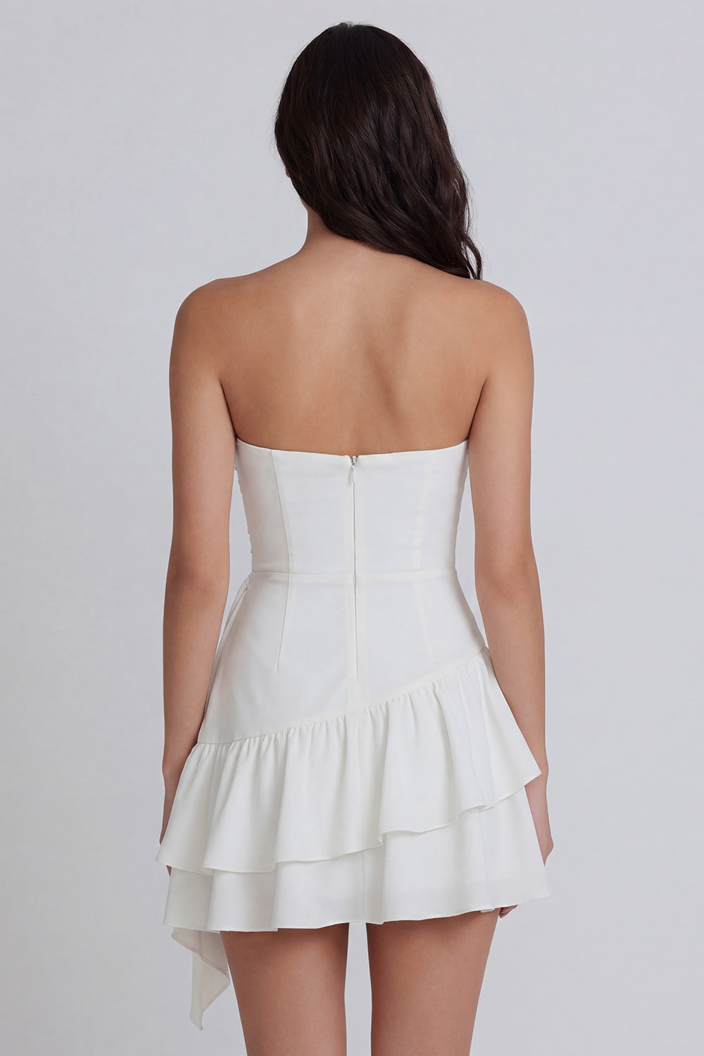 Ruched Strapless Ivory Ruffled A Line Short Graduation Dress
