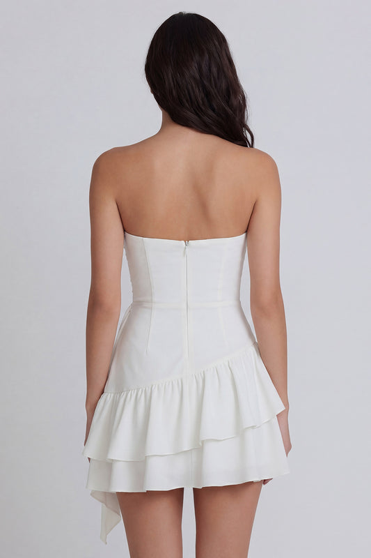 Ruched Strapless Ivory Ruffled A Line Short Graduation Dress